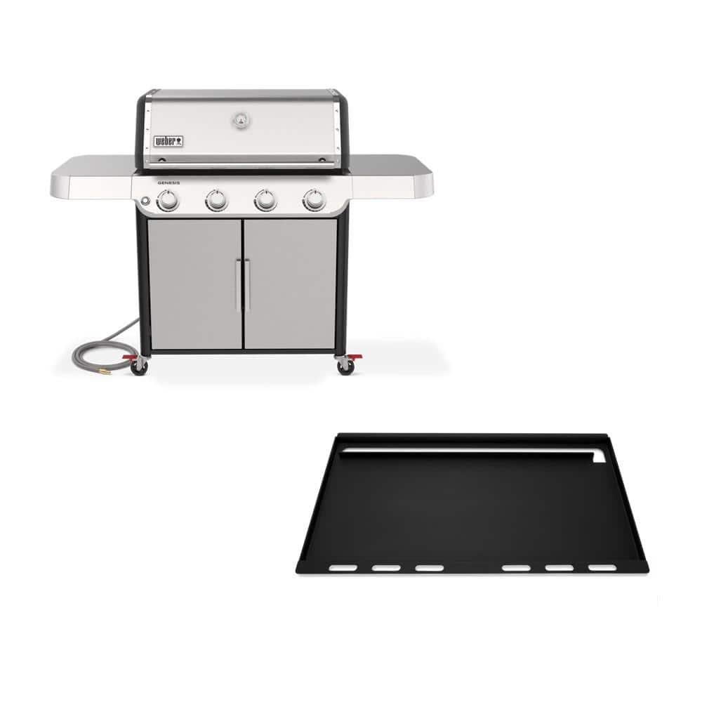 Weber Genesis S-415 4 Burner Natural Gas Grill in Stainless Steel with Full Size Griddle Insert, Silver