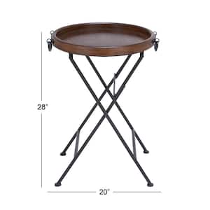 20 in. Black Large Round Wood End Accent Table with Brown Wood Top