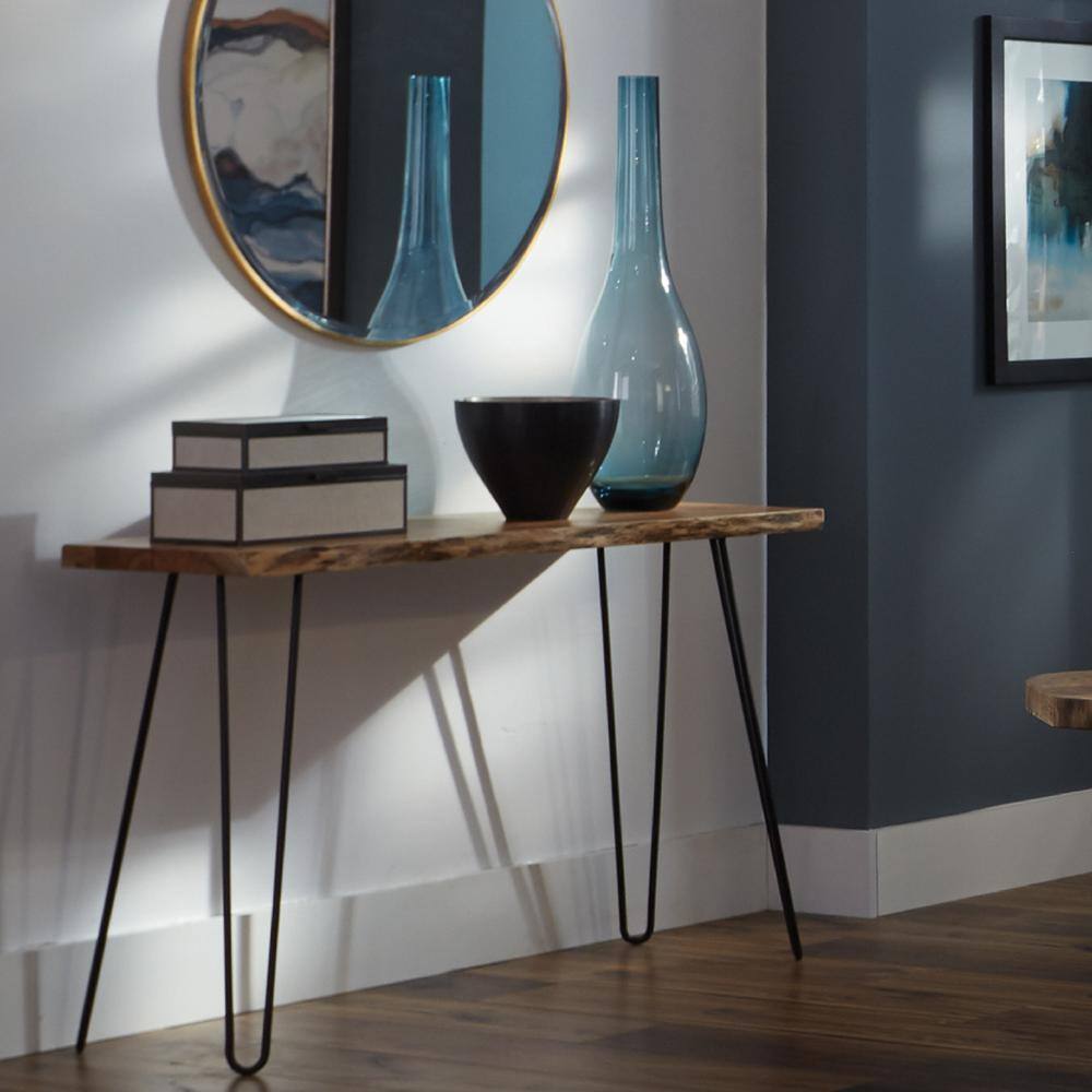 Natural Live Edge Acacia Wood and Metal Hairpin Console Table