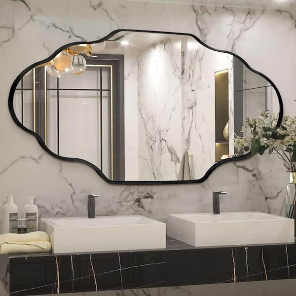 26 in. W x 46 in. H Scalloped Black Aluminum Alloy Framed Wall Mirror Irregular Decorative Wall Mirror