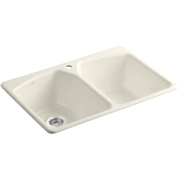 KOHLER Tanager Drop-in Cast-Iron 33 in. 1-Hole Double Bowl Kitchen Sink in Biscuit