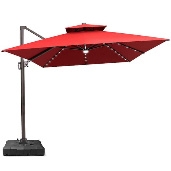 13 ft. x 10 ft. LED Rectangular Swivel Double Cantilever Patio Umbrella in Red with 220 lbs. HDPE Base