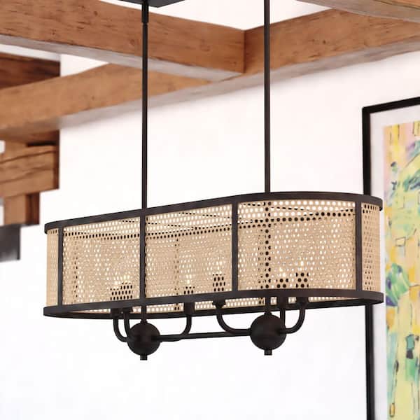 Berens 6-Light Matte Black Farmhouse Linear Chandelier Island Pendant Light Fixture Rattan Cane