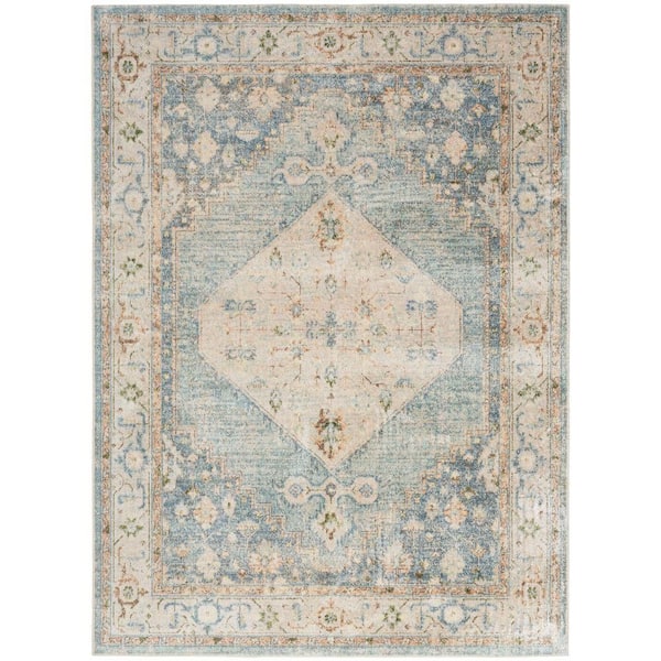 Nourison Astra Machine Washable Silver Blue 7 ft. x 9 ft. Center medallion Traditional Area Rug