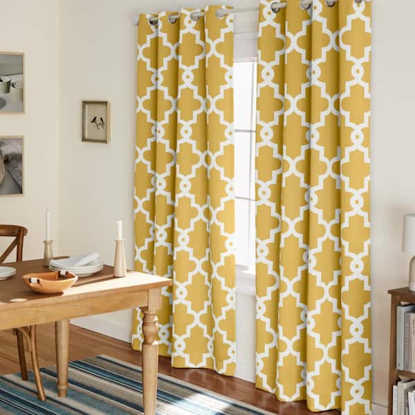 EXCLUSIVE HOME Ironwork Sundress Yellow Ogee Woven Room Darkening Grommet Top Curtain, 52 in. W x 96 in. L (Set of 2)