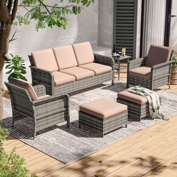 JOYESERY 6-Piece Gray Wicker Patio Outdoor Conversation Set with Thickening Ottomans Side Table, Sand Cushion