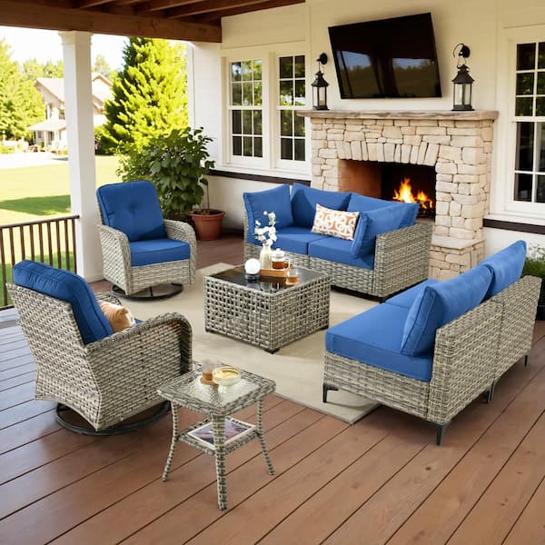 HOOOWOOO Holston 8-Piece Wicker Modern Outdoor Patio Conversation Sofa Sectional Set with Swivel Chairs and Navy Blue Cushions