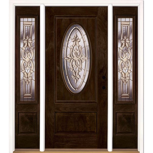 Feather River Doors 67.5 in.x81.625in.Silverdale Brass 3/4 Oval Lt Stained Chestnut Mahogany Lt-Hd Fiberglass Prehung Front Door w/Sidelite