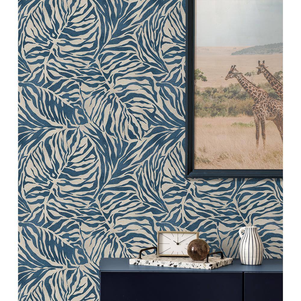 Indigo Blue Tropical Zebra Leaf Peel and Stick Wallpaper Roll