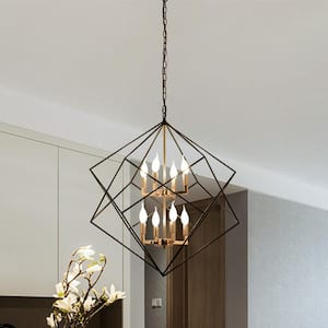 8-Light Black and Gold Wrought Iron Lantern Geometric Chandelier with Metal Shade