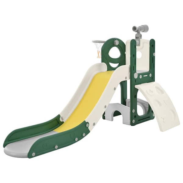 Bon Furni Green and Yellow 5-in-1 Freestanding Spaceship Playset with Slide, Telescope and Basketball Hoop