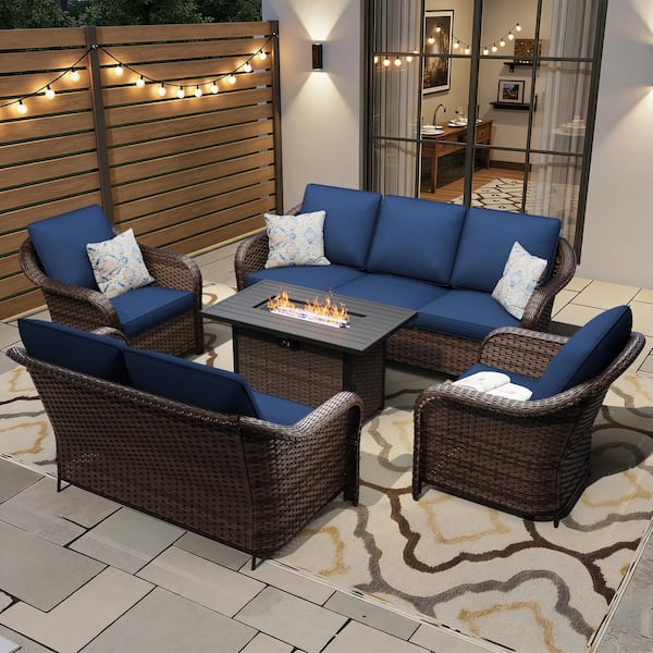 5-Piece Fire Pit Patio Set Wicker Outdoor Patio Conversation Set with Lounge Chairs, Loveseat and Blue Cushions