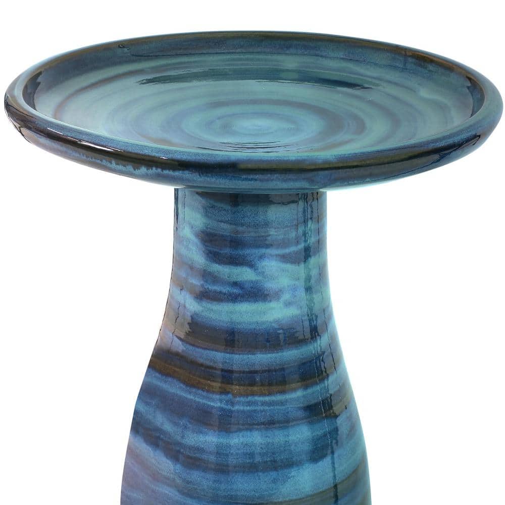 Galaxy Blue Ceramic Bird Bath with Ribbed Pedestal, 21" H