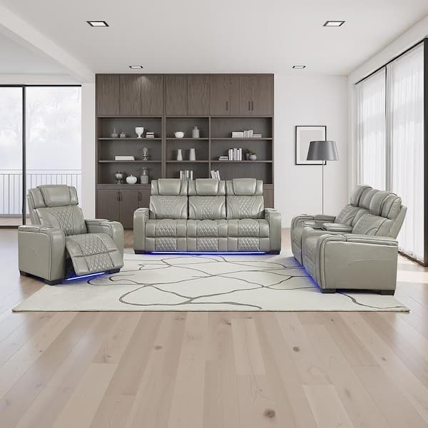 Cassian 84.5 in W Pillow Top Arm Leather Rectangle 3-Piece Power Reclining Sofa Set with Power Headrest in Gray
