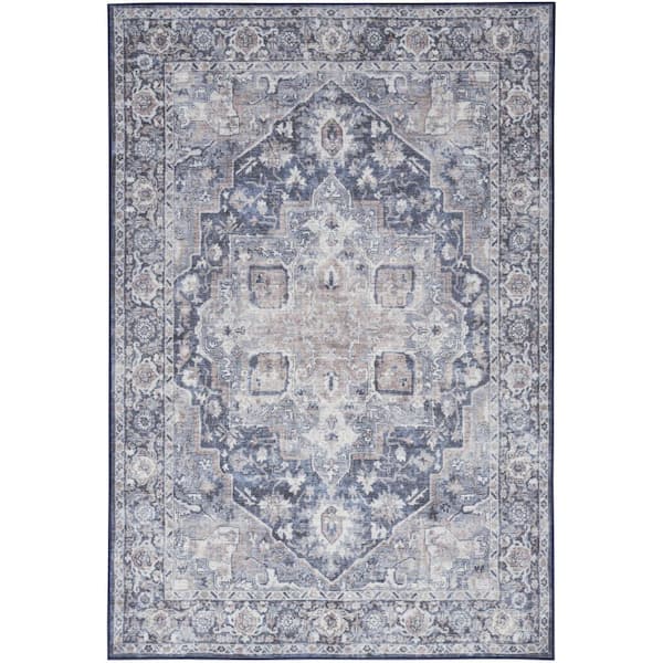 4 ft. x 6 ft. Blue Floral Washable Area Rug