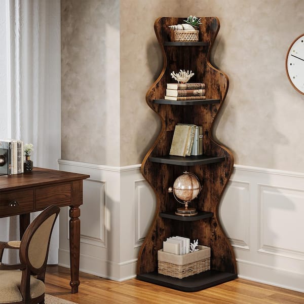 BYBLIGHT Eulas 68.9 in. Tall Brown Wood 5-Shelf Corner