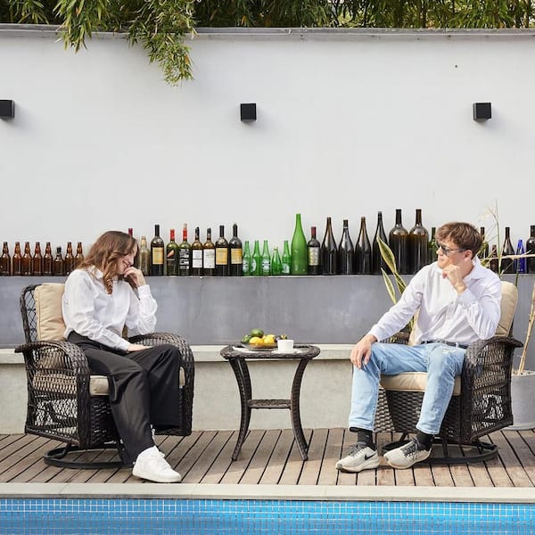 AUTMOON 3-Piece Conversation Set, Outdoor Wicker Rocker Swivel Patio Bistro Set, Rocking Chair with Glass Top Side Table