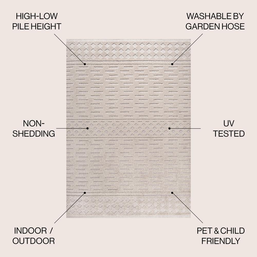 Ivory Geometric High-Low Pile Indoor/Outdoor Area Rug