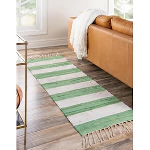 Chindi Rag Striped Green and Ivory 2 ft. 2 in. x 8 ft. Area Rug