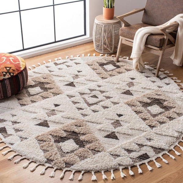Moroccan Tassel Shag Ivory/Brown 10 ft. x 10 ft. High-Low Geometric Fringe Round Area Rug