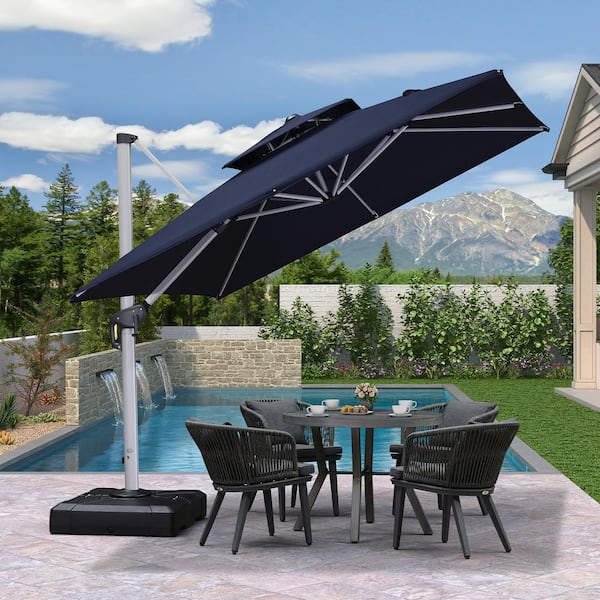 cantilever patio umbrella for high winds PURPLE LEAF 9 ft. Square High-Quality Aluminum Cantilever Outdoor Patio  Umbrella with Base, Navy Blue PPLLRS09-NB150