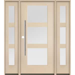 Modern Faux Pivot 64 in. x 80 in. 3-Lite Right-Hand/Inswing Satin Glass Unfinished Fiberglass Prehung Front Door w/DSL