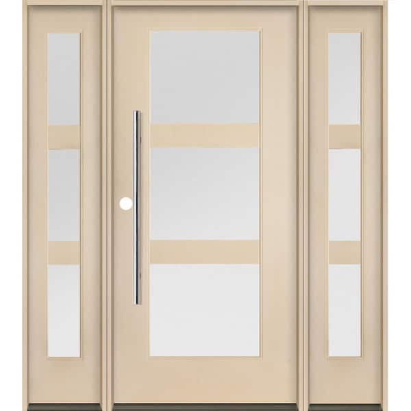 Krosswood Doors Modern Faux Pivot 64 in. x 80 in. 3-Lite Right-Hand/Inswing Satin Glass Unfinished Fiberglass Prehung Front Door w/DSL