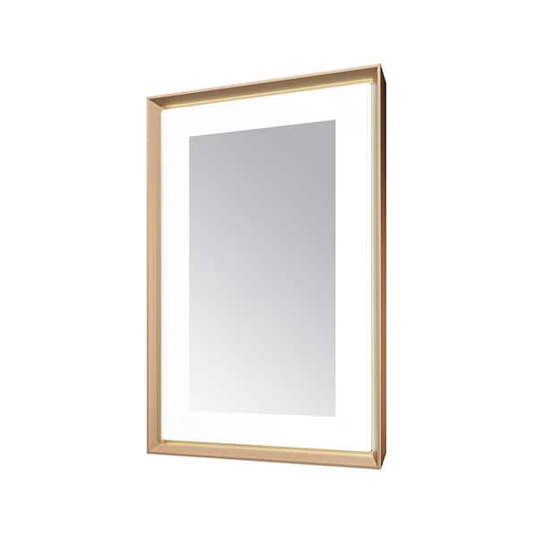 Madison 30 in. W x 36 in. H Rectangular Framed Wall Mount Bathroom Vanity Mirror in Brushed Gold LED Lighted Defogger