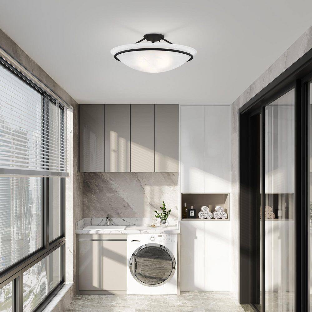 Elegant Alabaster Glass Bowl 3-Light Semi-Flush Mount in Black