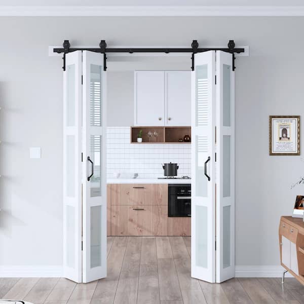 64 in. x 84 in. 3-Lite Tempered Frosted Glass Solid Core White Finished MDF Wood Bi-Fold Door with Hardware Kit