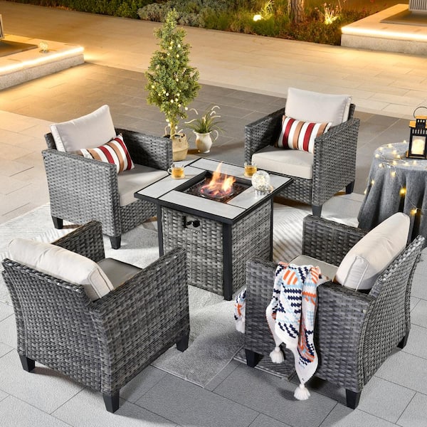 OVIOS New Vultros Gray 5-Piece Wicker Patio Fire Pit Conversation Seating Set with Beige Cushions