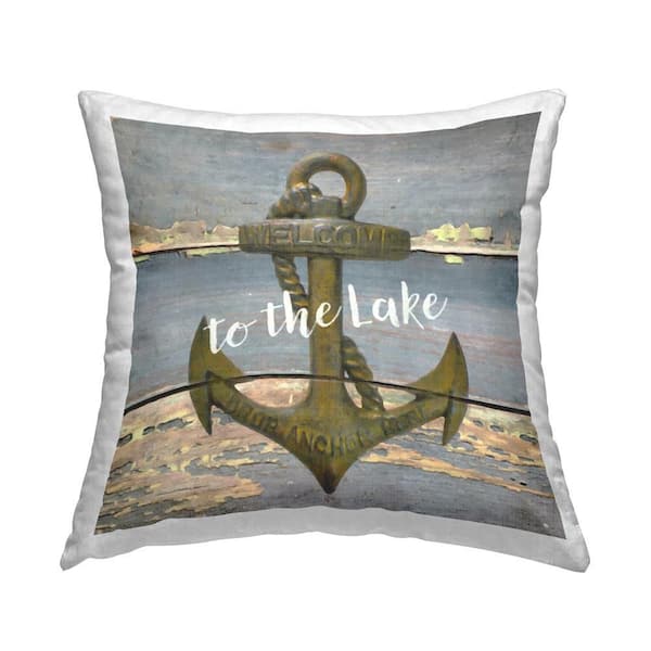 Rustic To The Lake Blue Print Polyester 18 in. x 18 in. Throw Pillow