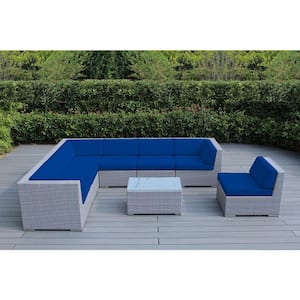 Ohana Gray 8-Piece Wicker Patio Seating Set with Supercrylic Blue Cushions
