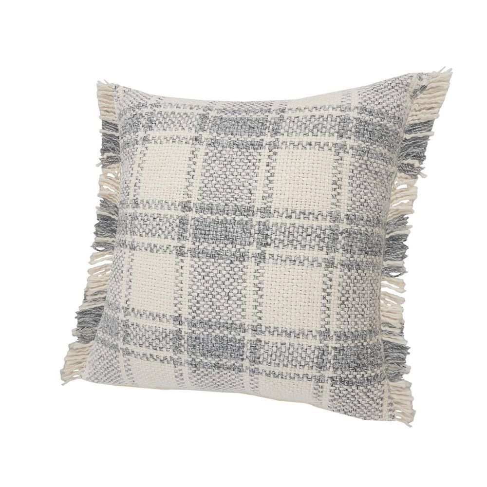 Charles 20" Gray Plaid Cotton Fringed Throw Pillow