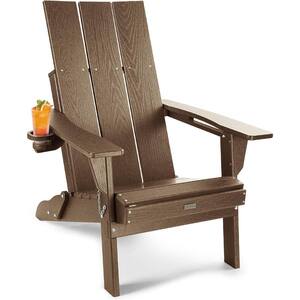 Oversized Teak HDPE Outdoor Plastic Folding Adirondack Chair with Cup Holder (Set of 1)
