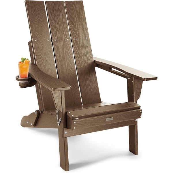 Mximu Oversized Teak HDPE Outdoor Plastic Folding Adirondack Chair with Cup Holder (Set of 1)