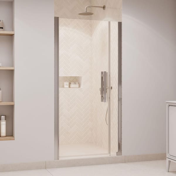 Pasadena 37 3/8 in. to 39 3/8 in. W x 72 in. H Pivot Alcove Frameless Shower Door in Satin Nickel