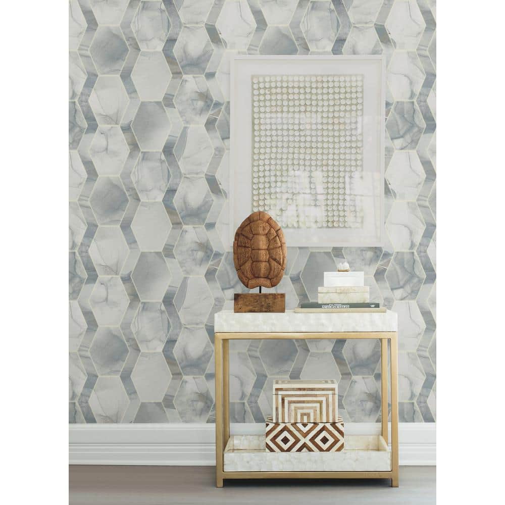 Blue and Gray Hexagon Marble Wallpaper Double Roll