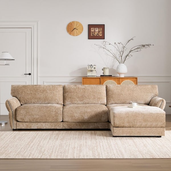110 in. Extra-Wide Chenille L-Shape Modular Sectional Sofa in Khaki with USB and Type-C Charger Free Movement Ottoman