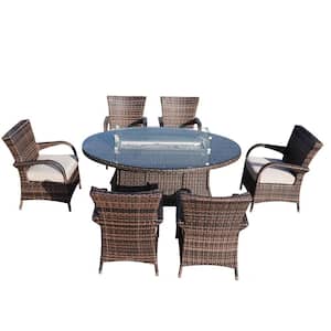 Irene Brown 7-Piece Wicker Oval Outdoor Gas Fire PitTable Outdoor Dining Set with Beige Cushions
