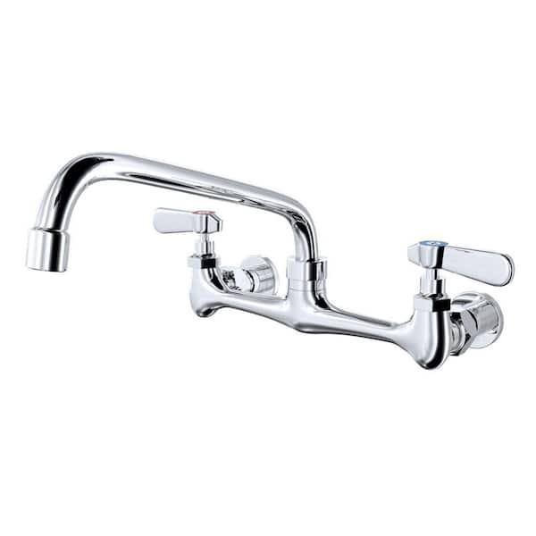 2-Handle Wall Mount Kitchen Faucet with 12 Inch Swivel Spout 8" Center in Polished Chrome