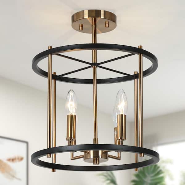 Uolfin 12.6 in. 4-Light Mid-Century Modern Black and Plating Brass Drum Semi-Flush Mount Light for Foyer, Corridor, Kitchen
