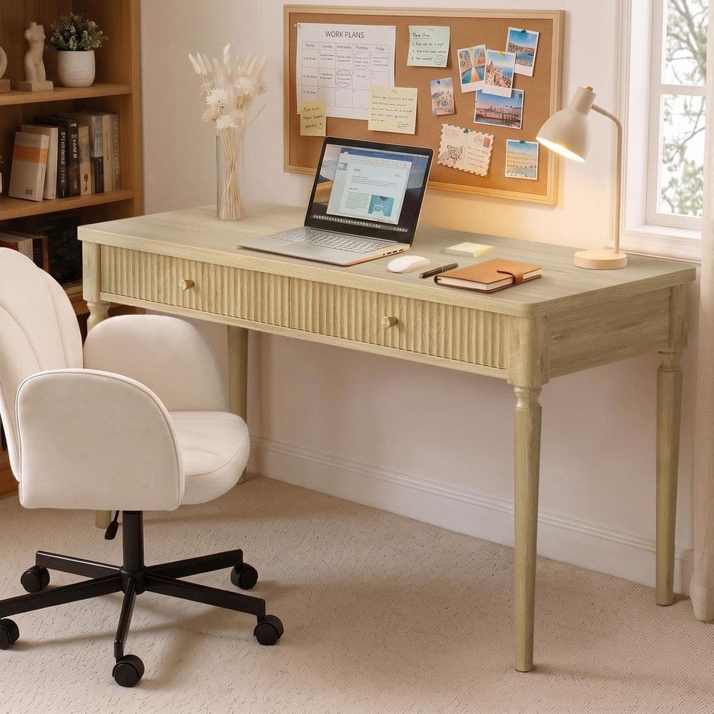 47 in. Rectangular Natural Oak Wood Writing Desk Trendy Fluted Design Computer Desk with 2 Storage Sliding Drawers