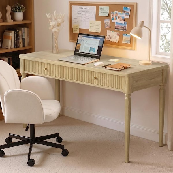 47 in. Rectangular Natural Oak Wood Writing Desk Trendy Fluted Design Computer Desk with 2 Storage Sliding Drawers