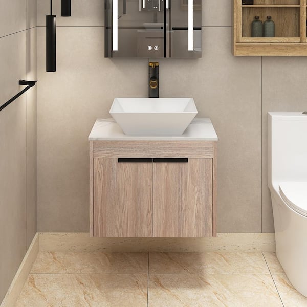 Staykiwi 24 in. W. x 19 in. D x 23.3 in. H Floating Bath Vanity in White Oak with White Engineered Stone Composite Top and Sink