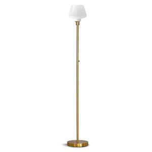 Cafe 71 in. Brushed Brass LED Dimmable Torchiere Floor Lamp with LED Bulb, White Glass Shade