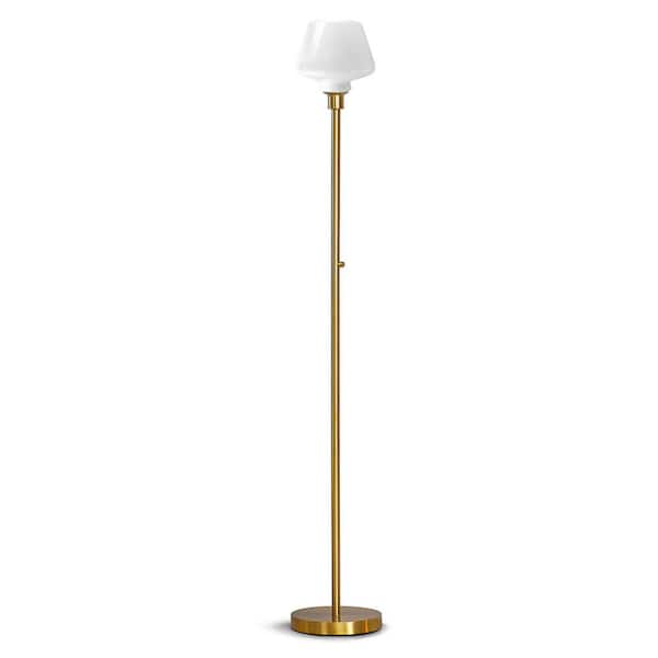 HomeGlam Cafe 71 in. Brushed Brass LED Dimmable Torchiere Floor Lamp with LED Bulb, White Glass Shade