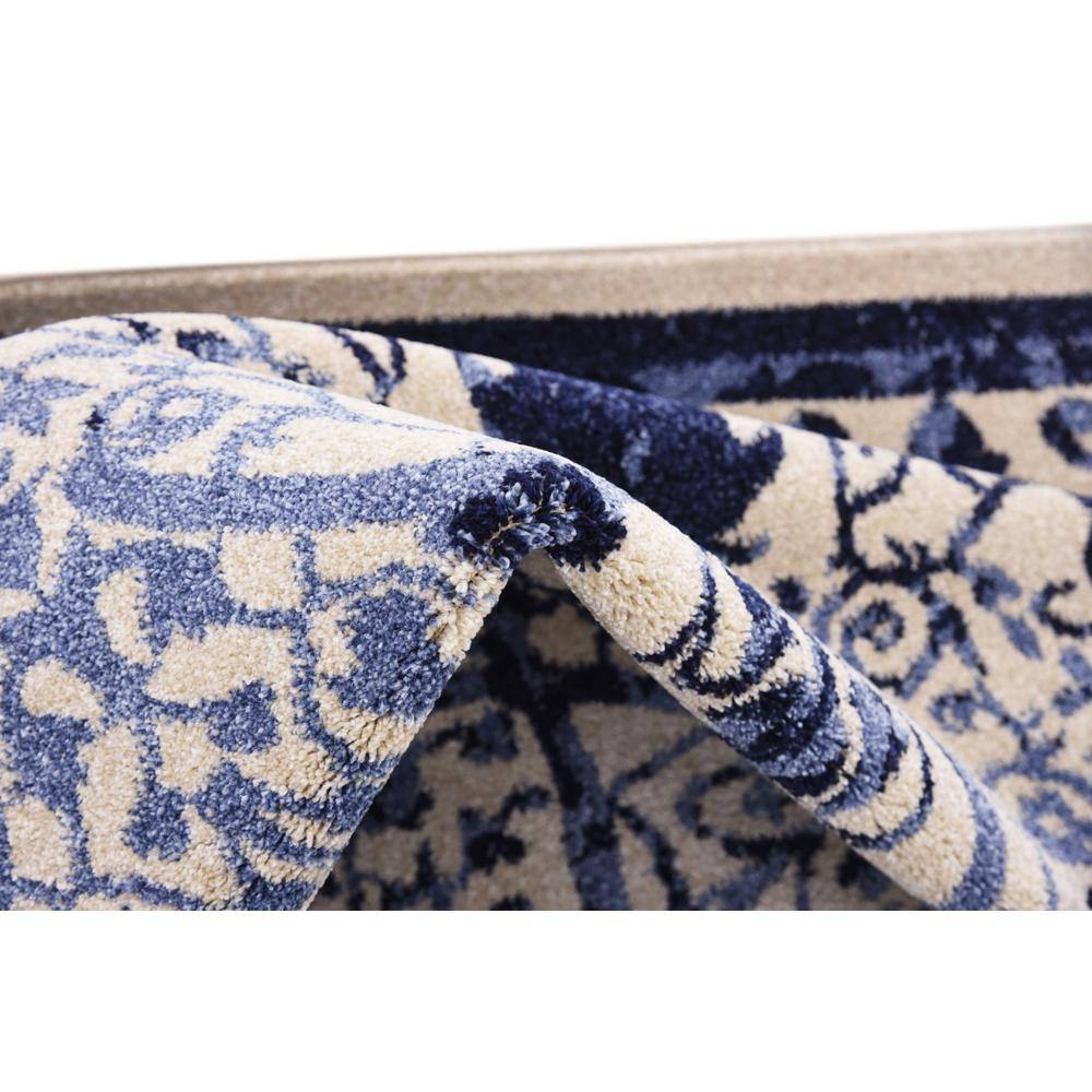 Ivory and Blue Square Stain-Resistant Synthetic Rug, 6' x 6'