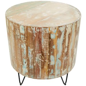 24 in. Brown Handmade Distressed Large Round Wood End Accent Table with Black Metal Hairpin Legs