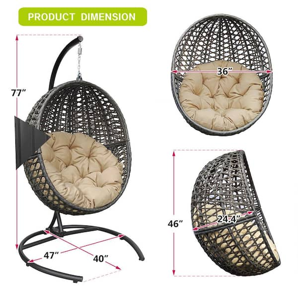 Hanging Swing Egg Chair with Stand, Outdoor Patio Wicker Tear Drop Shape  Hammock Chair with Cushion (Khaki)